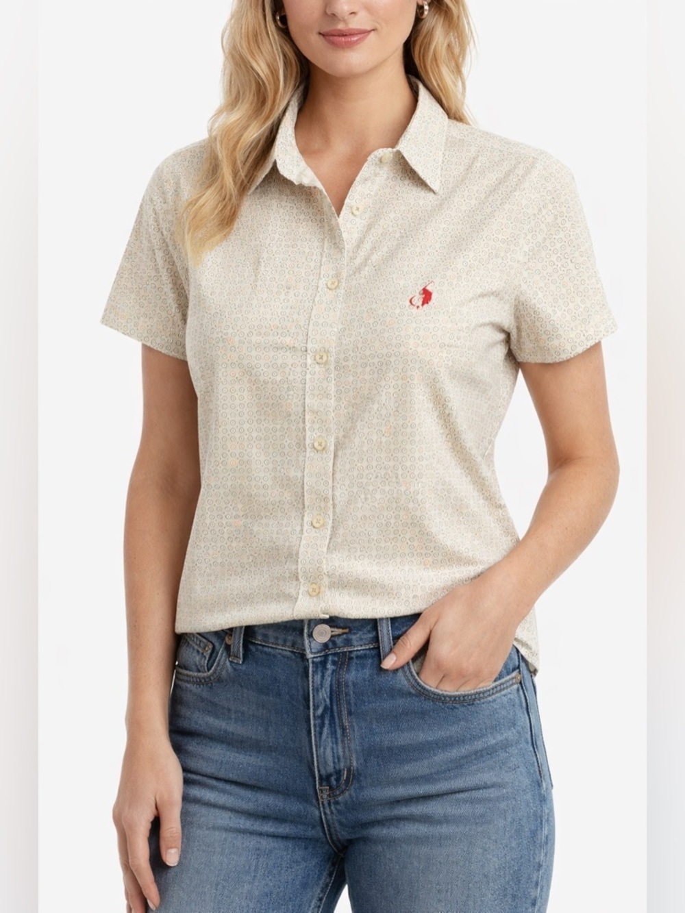 Long Beach Polo Club Cream Micro Print Button Down Shirt Preppy Casual Top M